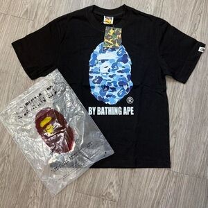 Bape Black Tee with Blue and White Camo Ape Head